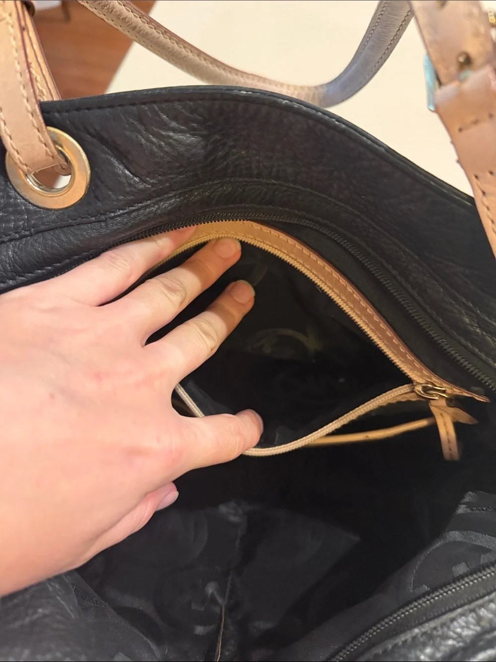 Michael Kors Black Leather Tote with Tan Straps and Gold MK Charm